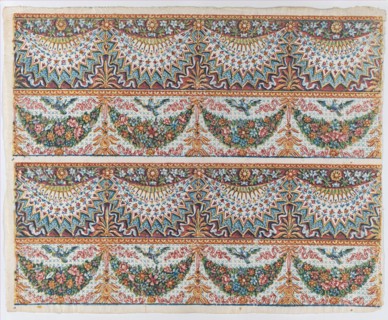 Sheet with a two borders with four hanging draperies,multicolor fest..., late 18th-mid-19th century. Creator: Anon.