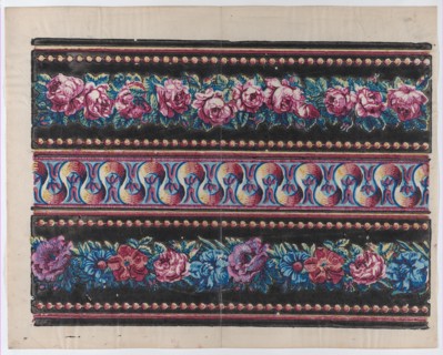 Sheet with a border with pink and multicolor floral garlands on a bl..., late 18th-mid-19th century. Creator: Anon.