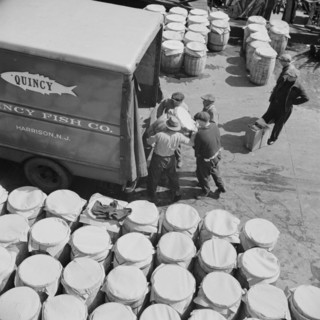 Barrels of fish on the docks at Fulton fish market ready to be shipped to retailers, New York, 1943. Creator: Gordon Parks.