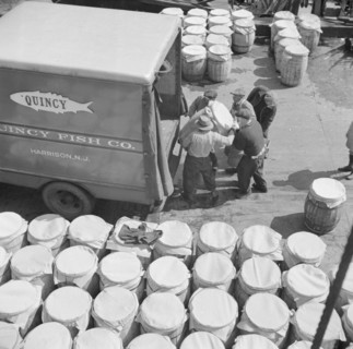 Barrels of fish on the docks at Fulton fish market ready to be shipped to retailers, New York, 1943. Creator: Gordon Parks.