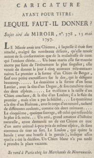 Caricature, Ayant Pour Titre: Lequel Faut-il Donner?, Sujet tiré du Miroir, no. 378, 13 Ma..., 1797. Creator: Anon.