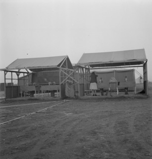 Portable laundry unit, shower unit beyond, FSA camp, Merrill, Oregon, 1939. Creator: Dorothea Lange.