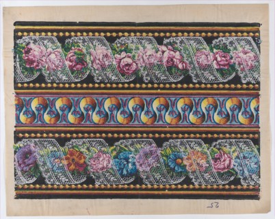 Sheet with a border with floral garlands and lace on a black backgro..., late 18th-mid-19th century. Creator: Anon.