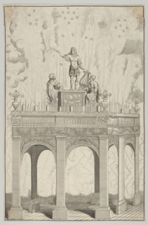 Triumphal arch with sculpture of Louis XIV as Apollo and fireworks in the background, 17th century.