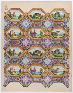 Sheet with pattern of brightly colored landscapes in hexagonal frames, late 18th-mid-19th century.