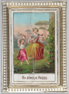 Mechanical box-shaped greeting card: dancing and bucolic scene, Cupid brings bouquets., ca. 1875.
