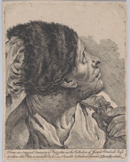 Man in a fur hat holding a musket, looking upwards; after Giovanni Battista Piazzetta, 1770-80.