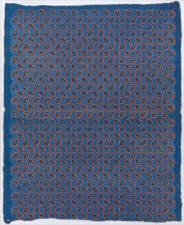 Blue sheet with two borders with a white floral and lace pattern, late 18th-mid-19th century.