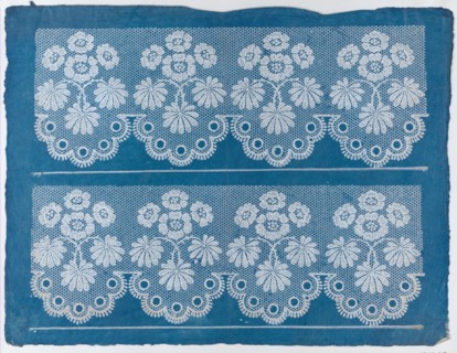 Blue sheet with two borders with a white floral and lace pattern, late 18th-mid-19th century.