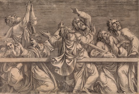 The Apostles Looking at Christ and the Virgin in a Glory of Angels (bottom left plate), 1546.