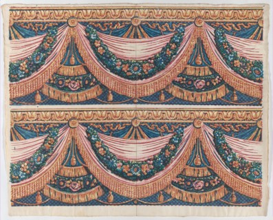 Sheet with two borders with draped curtains and floral garlands, late 18th-mid-19th century.