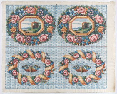 Sheet with two borders with a landscape and moth within wreaths, late 18th-mid-19th century.