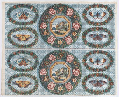 Sheet with two borders with landscapes and moths within wreaths, late 18th-mid-19th century.