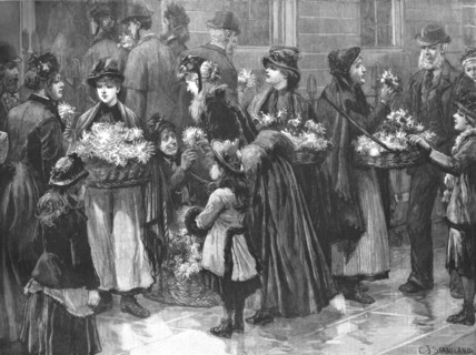 ''"For The Patients"; Flower-Girls outside the University Hospital on a visiting day', 1890.
