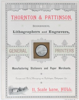 Trade Card for Thorton & Pattinson, Bookbinders, Lithographers and Engravers, 19th century.