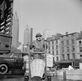 New York, New York. Stevedore who packs and loads crates of fish on the lower east side.