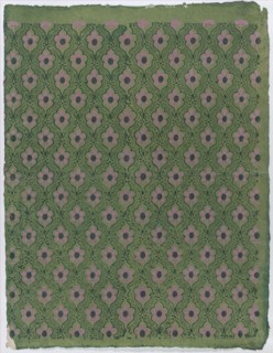 Sheet with overall pink floral pattern on green background, late 18th-mid-19th century.