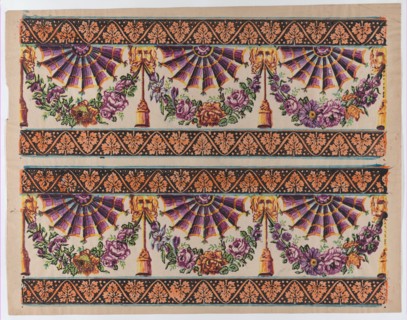 Sheet with two borders with three fans and floral garlands, late 18th-mid-19th century.