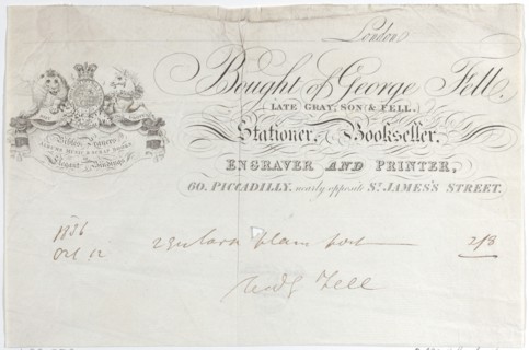 Trade Card for George Fell, Stationer, Bookseller, Engraver and Printer, 19th century.