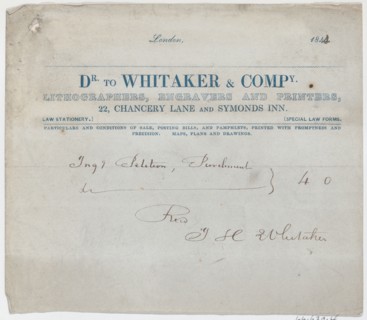 Trade Card for Dr. Whitaker & Co., Lithogravers, Engravers and Printers, 19th century.