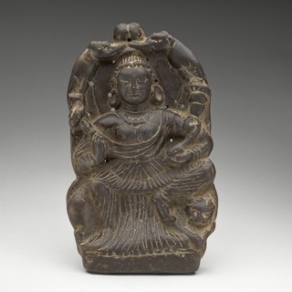 Goddess of Abundance Enthroned on Lion and Lustrated by Elephants, 7th/8th century.