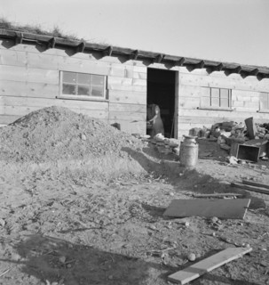Mrs. Dougherty in doorway of basement house. Warm Springs, Malheur County, Oregon.