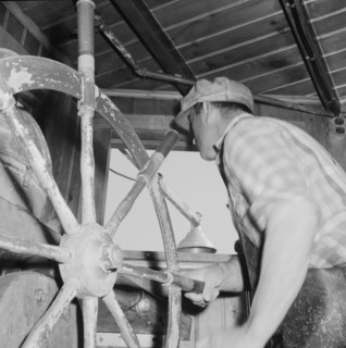 Scene in a pilot house during a mackeral school chase. Gloucester, Massachusetts.