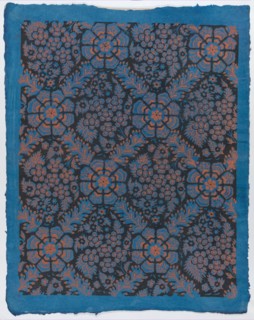 Sheet with overall floral pattern on blue background, late 18th-mid-19th century.