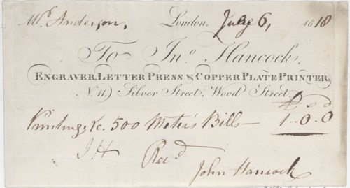 Trade Card for John Hancock, Engraver, Letter Press & Copper Plate Printer, 1818.