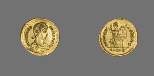 Solidus (Coin) of Emperor Theodosius I, 383 (25 August)-388 (28 August). Creator: Unknown.