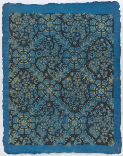 Sheet with overall black and gold floral pattern, late 18th-mid-19th century.