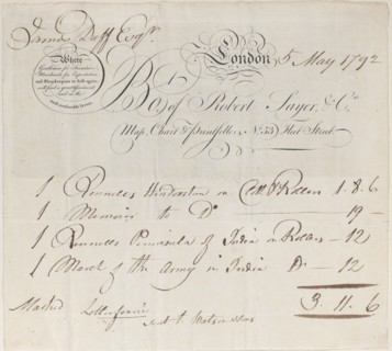 Trade Card for Robert Sayer & Co., Map, Chart and Printsellers, 19th century.