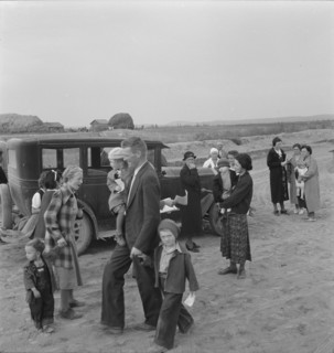 Congregation leaving after services. Dead Ox Flat, Malheur County, Oregon.