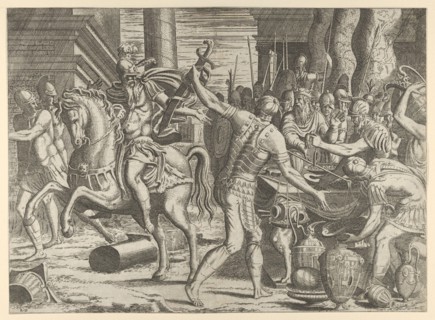Brennus throwing his sword on the scales before Camillus, 1540-56.