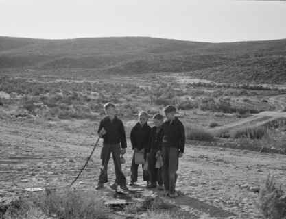 Boys wait for school bus in the morning. Malheur County, Oregon.