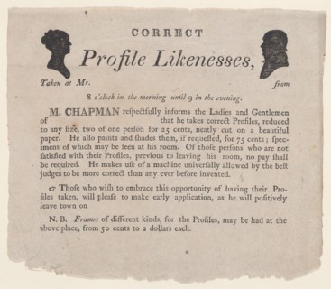 Advertisement for profile likenesses by Moses Chapman, 1803-21.