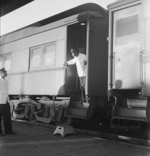 Railroad yards, Kearney, Nebraska. [Black Pullman porters].