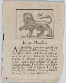 Trade Card of John Meader, Cabinets and Joyners Work, ca. 1690-1720. Creator: John Meader.