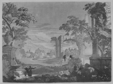 Heroic Landscape with Watering Place, Riders, and Obelisk, 1744. Creator: John Baptist Jackson.