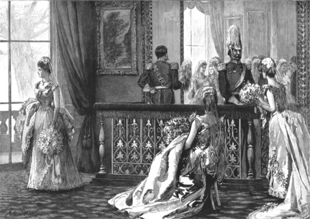 ''A Drawing-Room at Buchingham Palace -- Waiting in the "Pen" before the presentation to...', 1890. Creator: Unknown.
