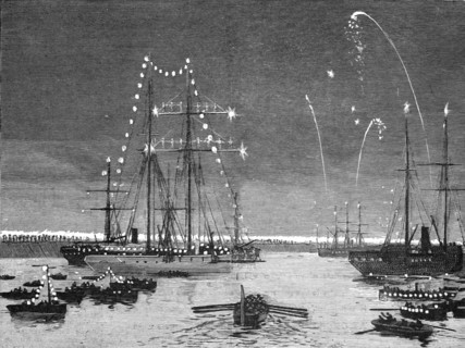 ''The Duke and Duchess of Connaught leaving Colombo Harbour at night', 1890. Creator: Unknown.
