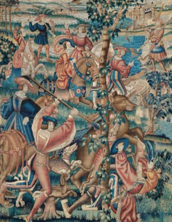 Tapestry (Bear Hunt and Falconry from a Hunts Series), Belgium, c. 1525. Creator: Unknown.