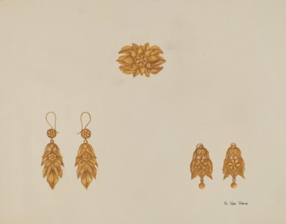 Brooch and Earrings, c. 1937. Creator: Vera Van Voris.