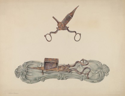 Pewter Tray and Snuffers, c. 1938. Creator: Carmel Wilson.