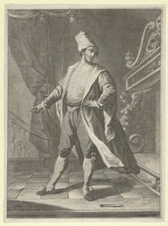 Man in Venetian costume standing before a large fireplace, right arm outstretched..., ca. 1770-1800. Creator: Anon.