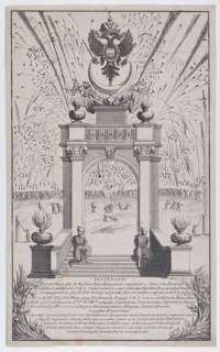 Fireworks and triumphal arch erected in Buda to celebrate the expulsion of the Turks, Sept..., 1686. Creator: Anon.