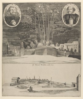Fireworks display by Lorenz Müller as proof of his mastership, Nuremberg , 1635. Creator: Anon.