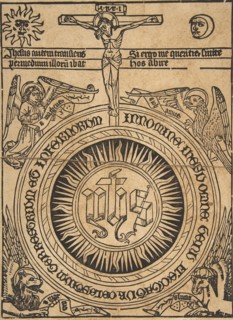 The Sacred Monogram with the Symbols of the Evangelists and the Crucifixion (Schr...., 15th century. Creator: Anon.