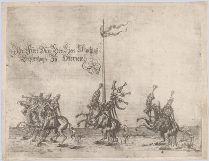 Procession, with men riding horses; three men playing trumpets at front, a knight ..., 16th century. Creator: Anon.