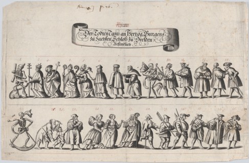 Plate from a book showing a procession of men and women with a skeleton at the beg..., 17th century. Creator: Anon.